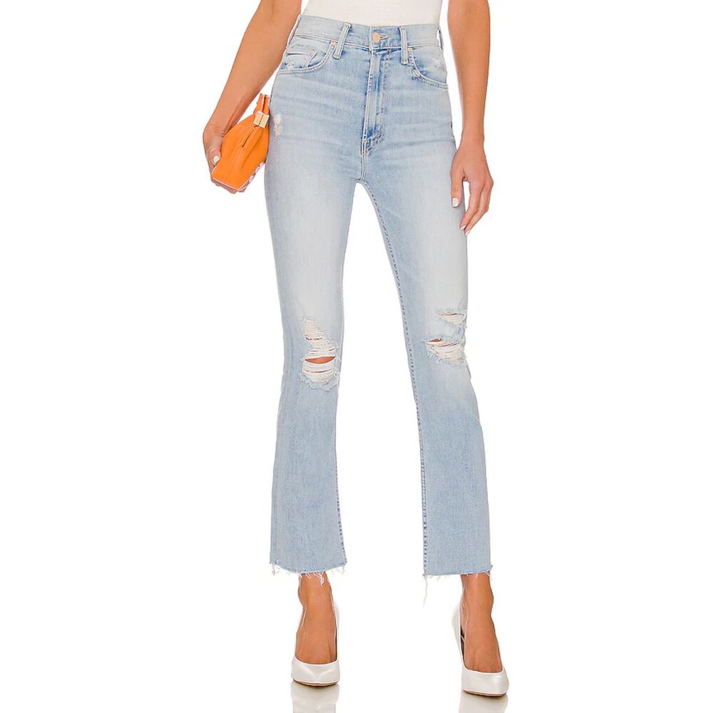 MOTHER High Waisted Rider Ankle Fray in Island Afterhours light blue size 27